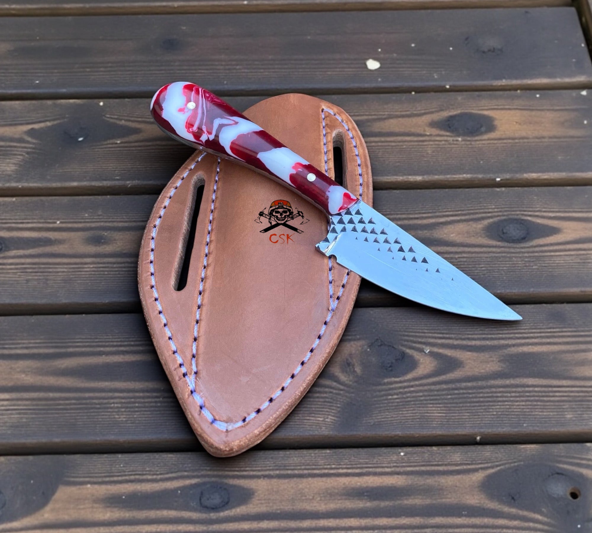 Western Buckaroo Belt Knife – 3.5” Rasp Tool Steel Blade with Epoxy Resin Handle & Pancake Leather Pouch - PhishStones Products