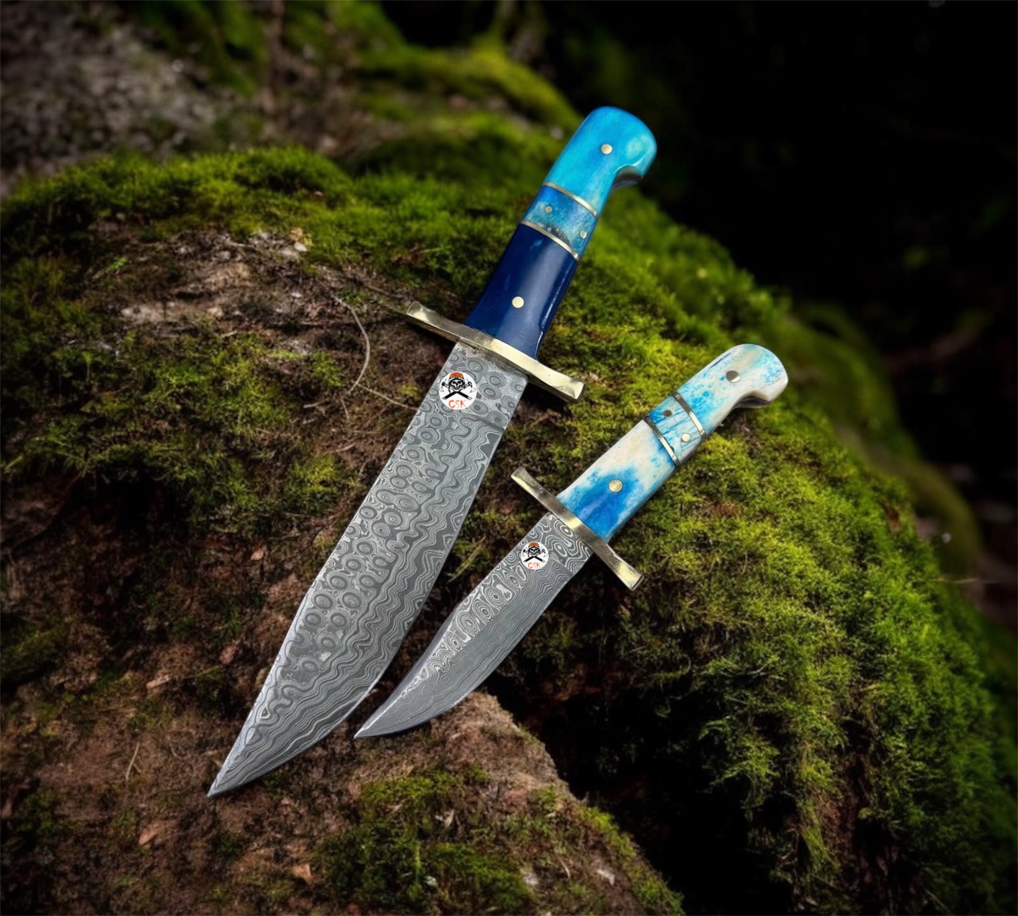Western - Style Damascus Steel Knife Set with Blue & Turquoise Bone Handles and Brass Guards - PhishStones Products