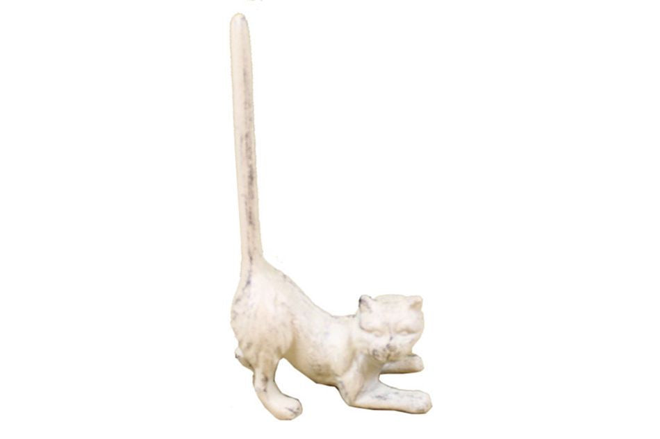 Whitewashed Cast Iron Cat Extra Toilet Paper Stand 10""