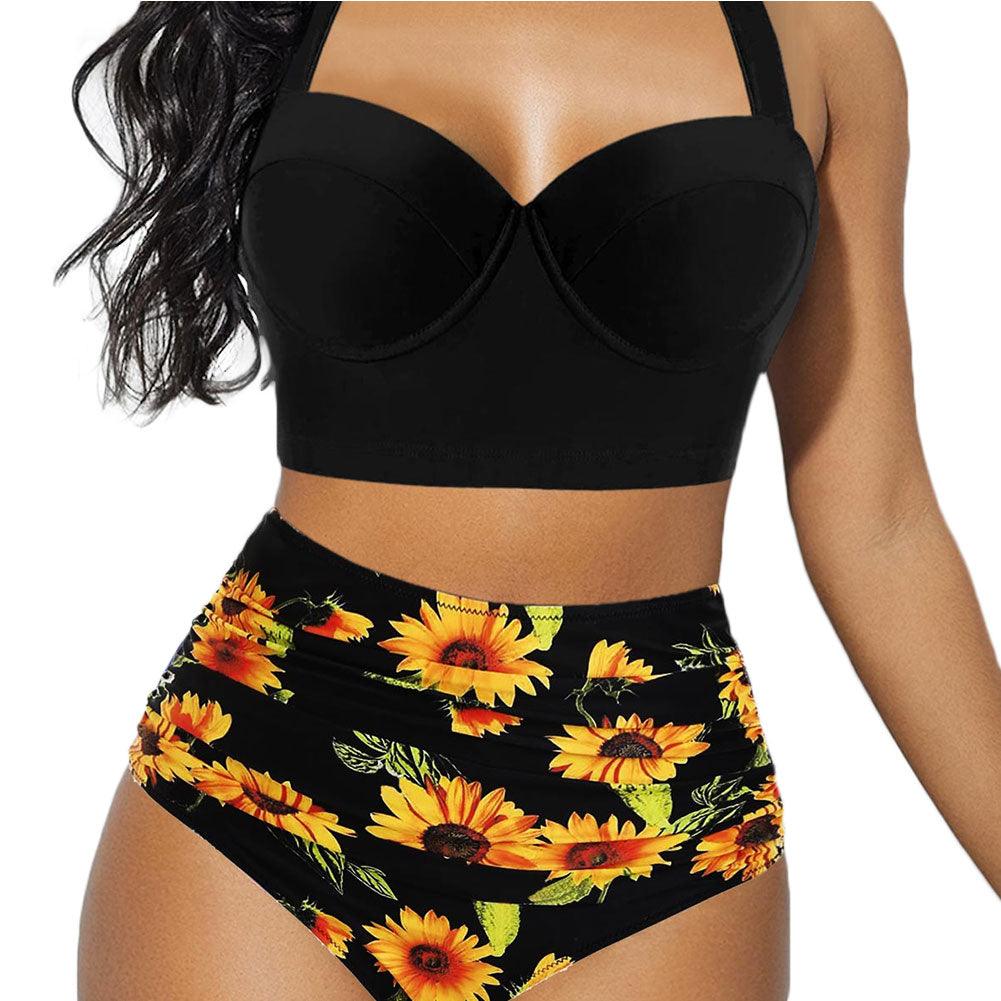 Women's Push Up Padded Bra Bikini Set Women Vintage Tropical Print Swimsuit Retro Halter High Waist Bikinis Bra Set Swimwear Two Piece Bathing Suit High Waist Swimsuit Floral Bathing Suit Swimwear Summer Bathing Suit Beachwear