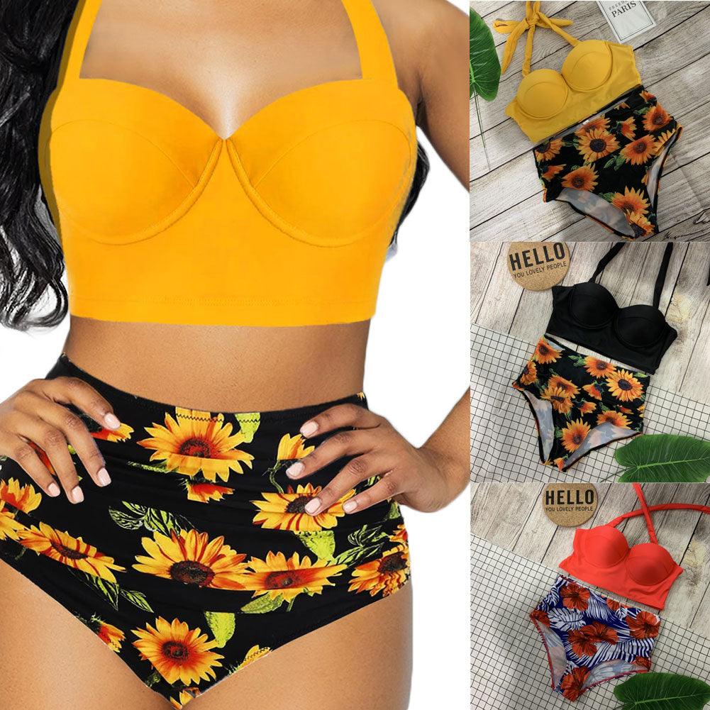 Women's Push Up Padded Bra Bikini Set Women Vintage Tropical Print Swimsuit Retro Halter High Waist Bikinis Bra Set Swimwear Two Piece Bathing Suit High Waist Swimsuit Floral Bathing Suit Swimwear Summer Bathing Suit Beachwear