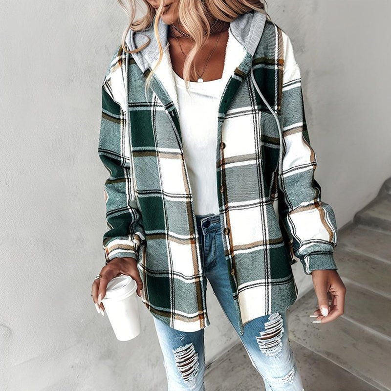 Women's Plaid Hoodie Long Sleeve Jacket With Pocket - PhishStones Products
