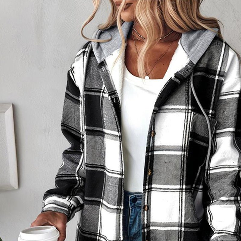 Women's Plaid Hoodie Long Sleeve Jacket With Pocket - PhishStones Products