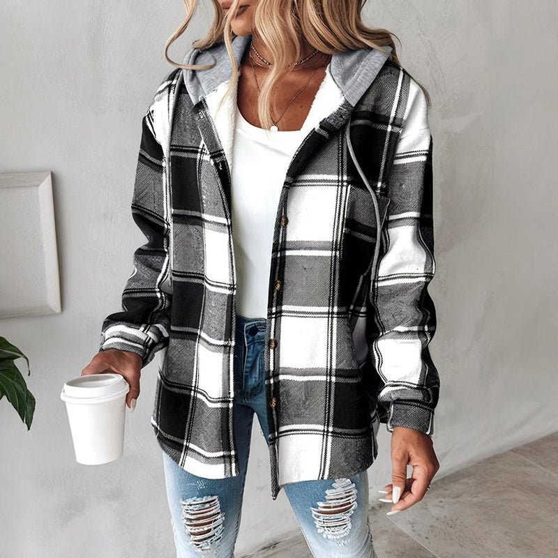 Women's Plaid Hoodie Long Sleeve Jacket With Pocket - PhishStones Products