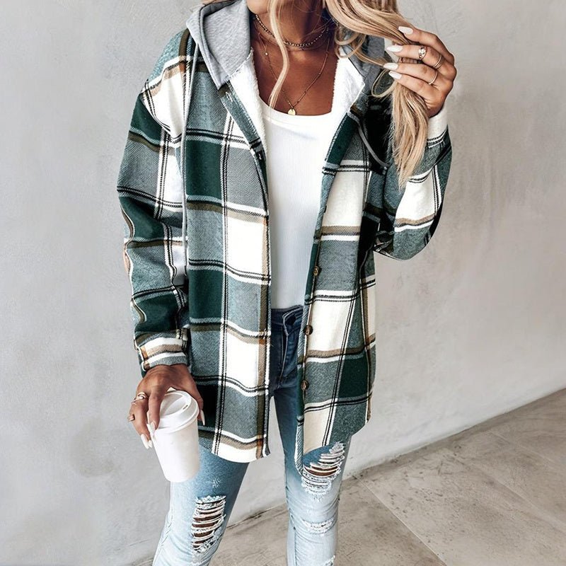 Women's Plaid Hoodie Long Sleeve Jacket With Pocket - PhishStones Products