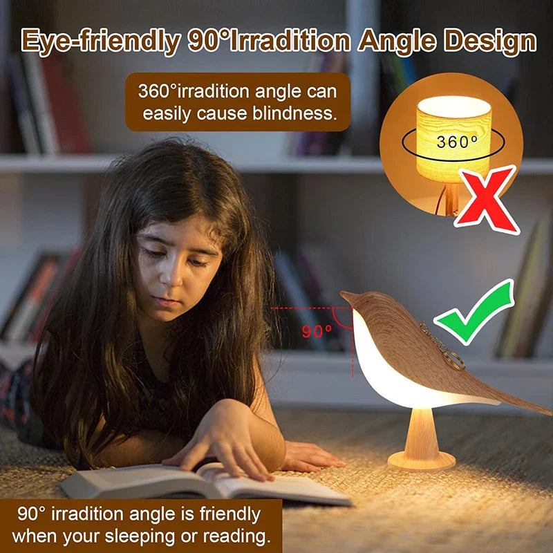 Wood - Effect Bird LED Night Light — Touch Rechargeable Bedside Lamp, 3 - Color Dimmable - PhishStones Products