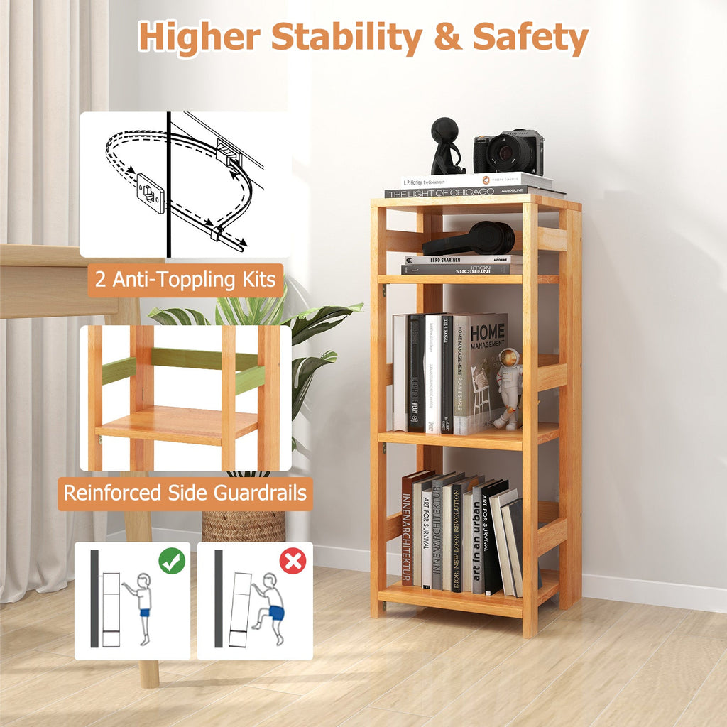 4-Tier Bookshelf Rubber Wood Bookcase with Side Fences for Living Room