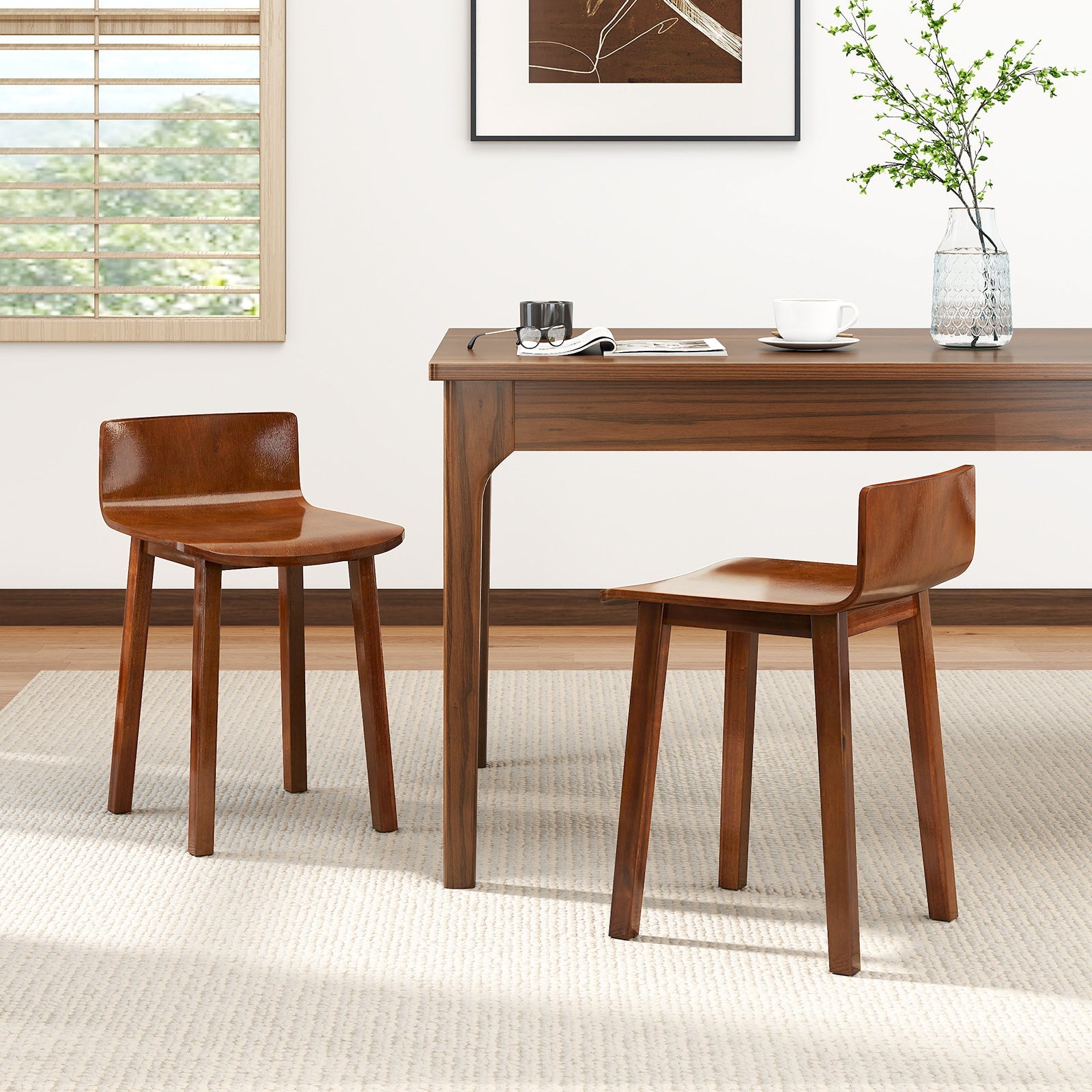 Wood Dining Chair Set of 2 Farmhouse Kitchen Dining Room Chairs Mid-Century Modern Armless Side Chairs-Brown
