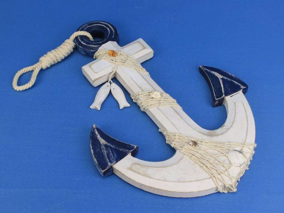 Wooden Rustic Blue/White Anchor w/ Hook Rope and Shells 13""