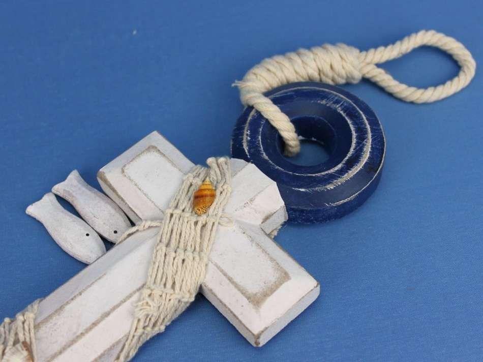Wooden Rustic Blue/White Anchor w/ Hook Rope and Shells 13""