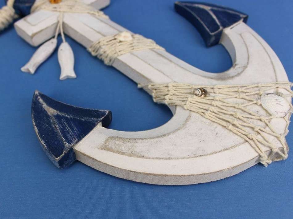 Wooden Rustic Blue/White Anchor w/ Hook Rope and Shells 13""