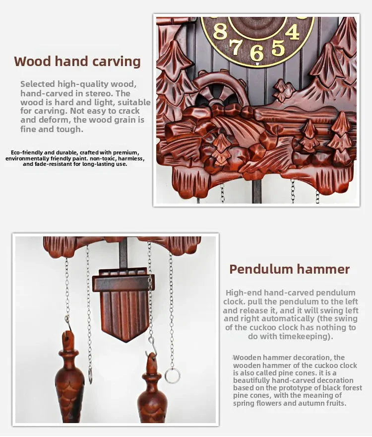 Wooden Handcrafted Cuckoo Clock for Wall with Cuccu Chimes and Swing Pendulum for Home Nordic Decor Solid Wood Cuccu Watch - PhishStones Products