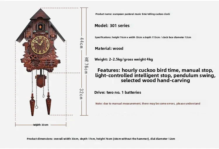 Wooden Handcrafted Cuckoo Clock for Wall with Cuccu Chimes and Swing Pendulum for Home Nordic Decor Solid Wood Cuccu Watch - PhishStones Products
