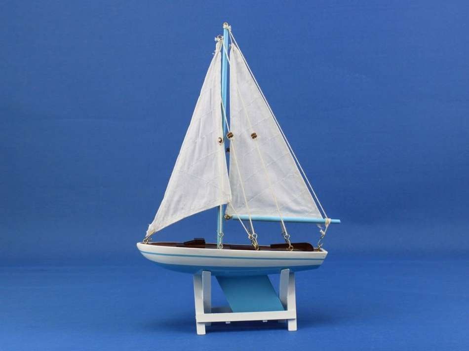 Wooden Decorative Sailboat 12"" - Light Blue Sailboat Model
