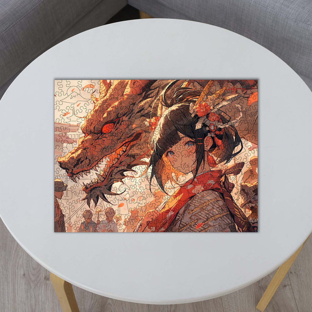 Wooden Jigsaw Puzzle Anime Lady and Red Dragon