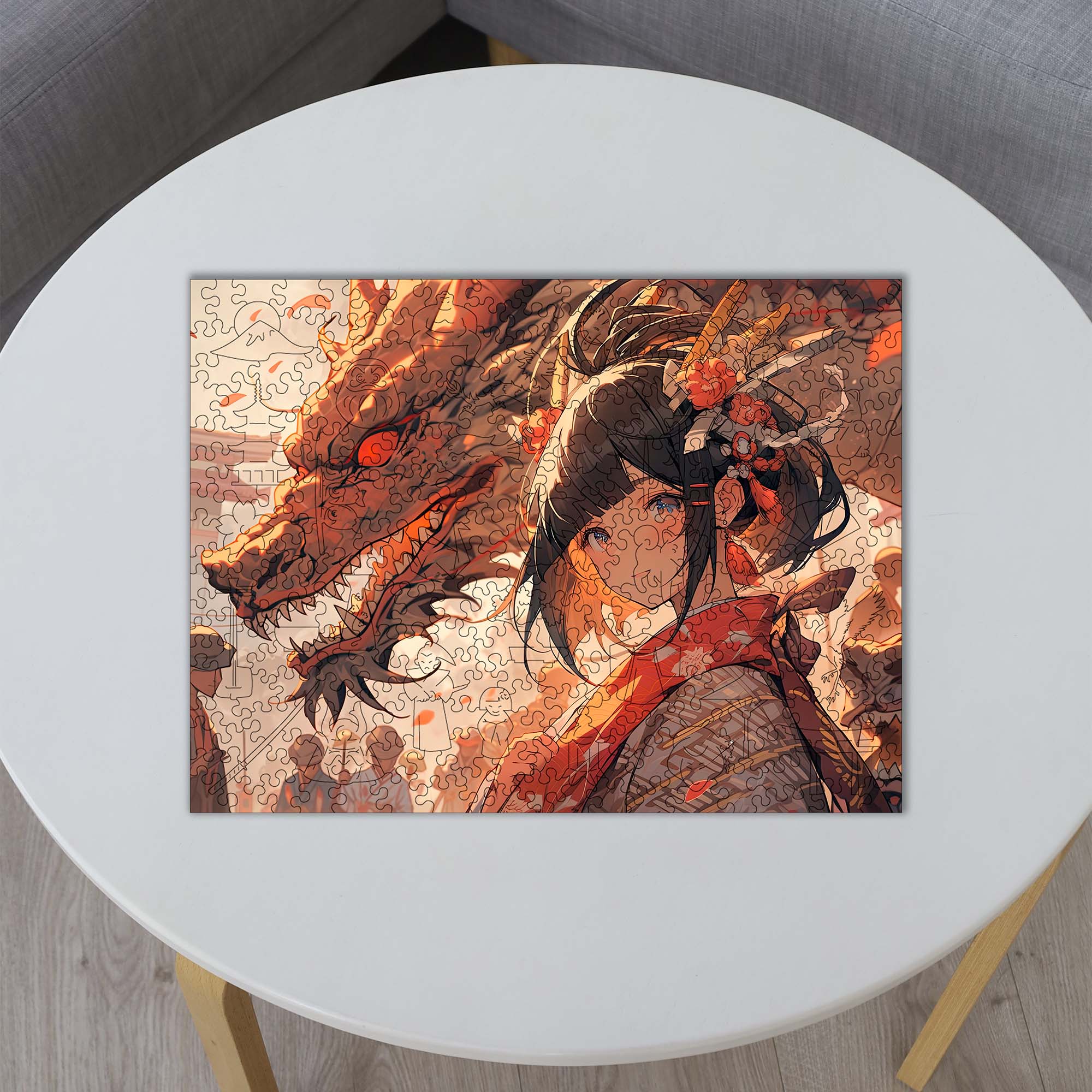 Wooden Jigsaw Puzzle Anime Lady and Red Dragon