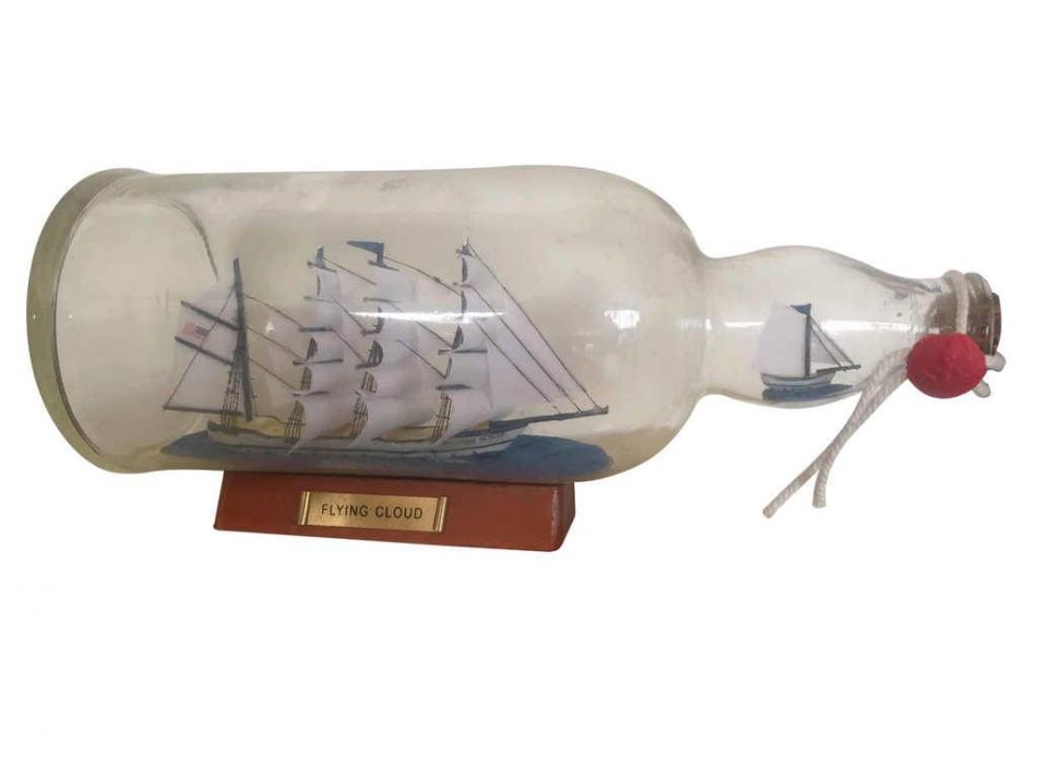 Blue Flying Cloud Ship in a Glass Bottle 11""