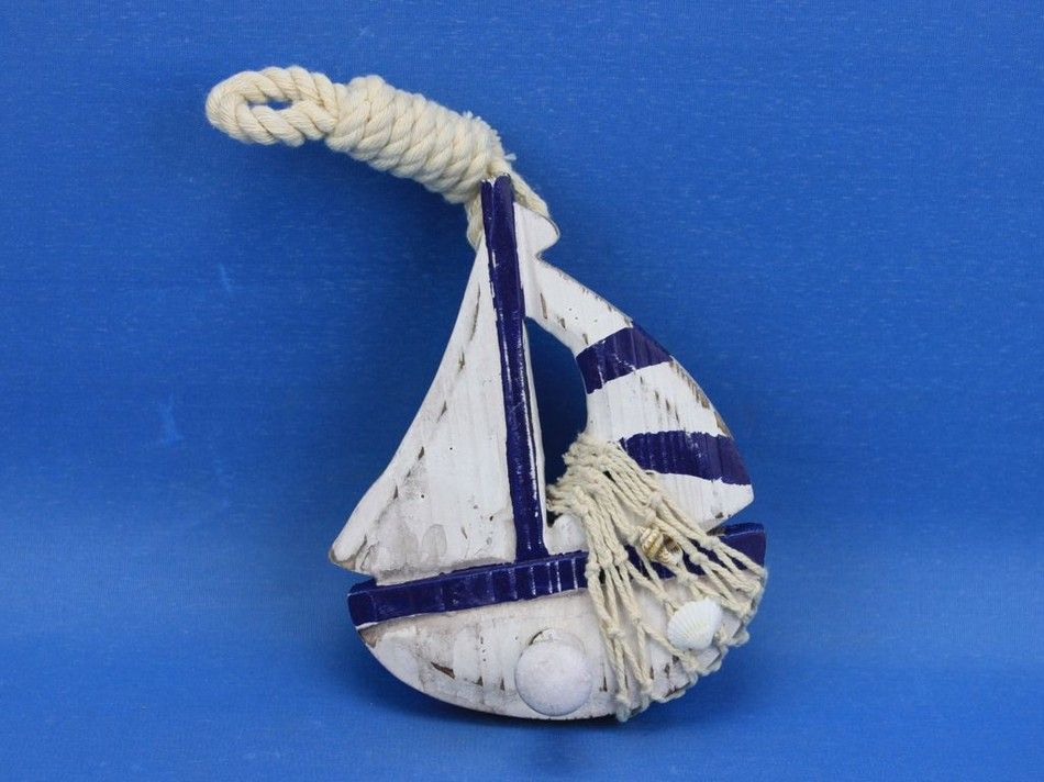 Wooden Rustic Decorative Blue Sailboat/Anchor Wall Accent w/ Hook Set 6""