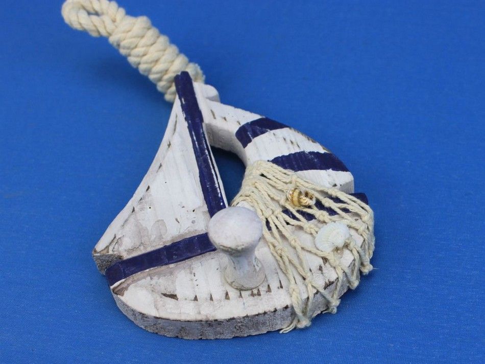 Wooden Rustic Decorative Blue Sailboat/Anchor Wall Accent w/ Hook Set 6""