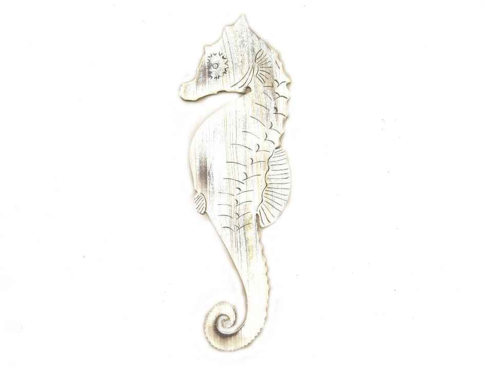 Wooden Rustic Whitewashed Wall Mounted Seahorse Decoration 36""