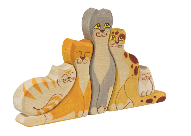 Wooden Cat figurines set of 5