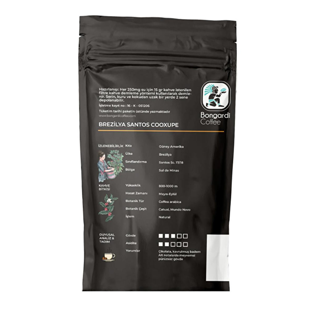 Bongardi Brazilian Santos Coffee Beans - 200g Freshly Roasted Specialty Coffee for Turkish Coffee & Various Brewing Methods