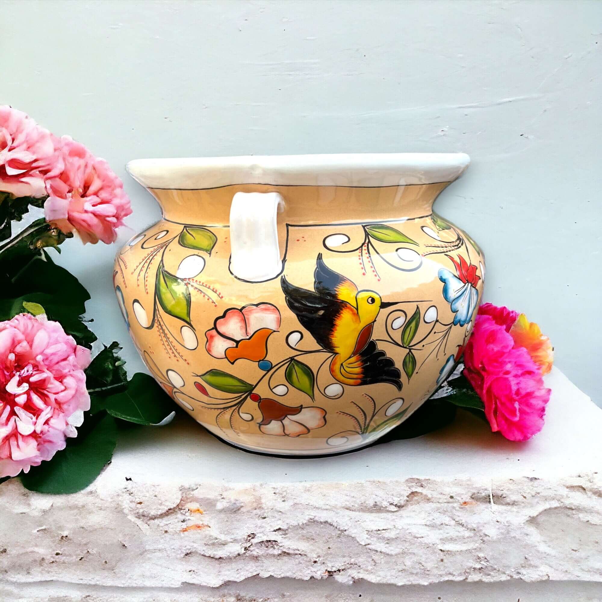 Extra Large Talavera Flower Pot | White & Tan Floral Design