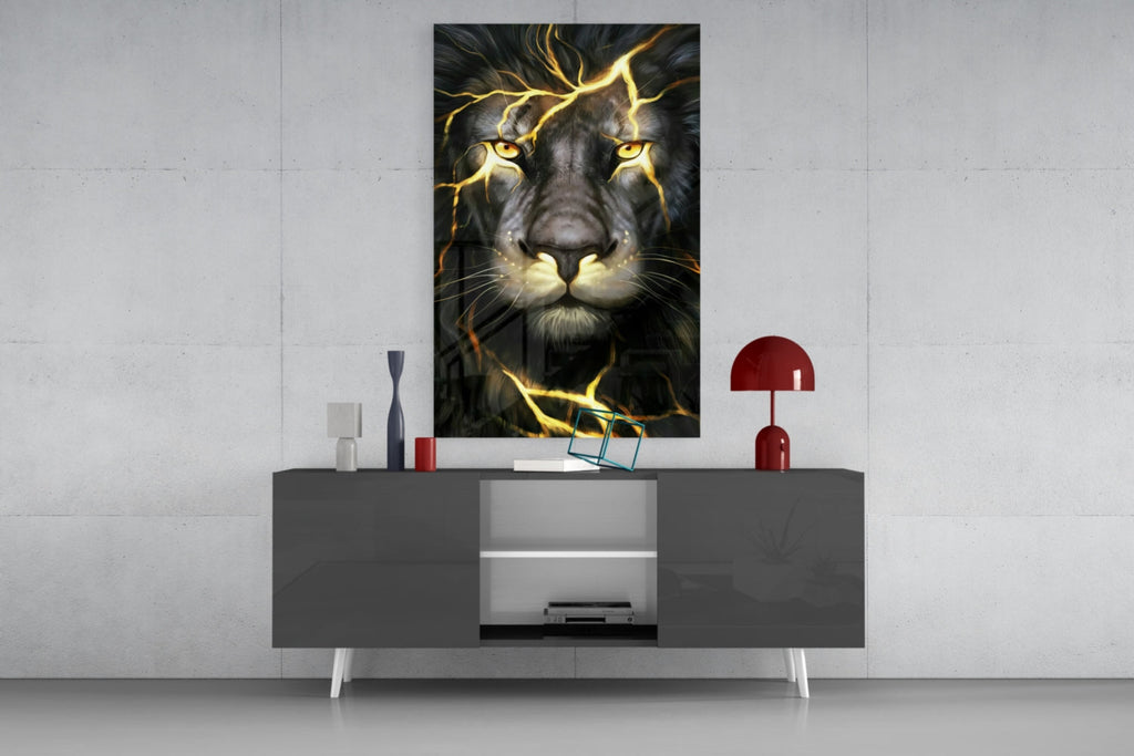 Golden Lightning Electric Lion Glass Wall Art
