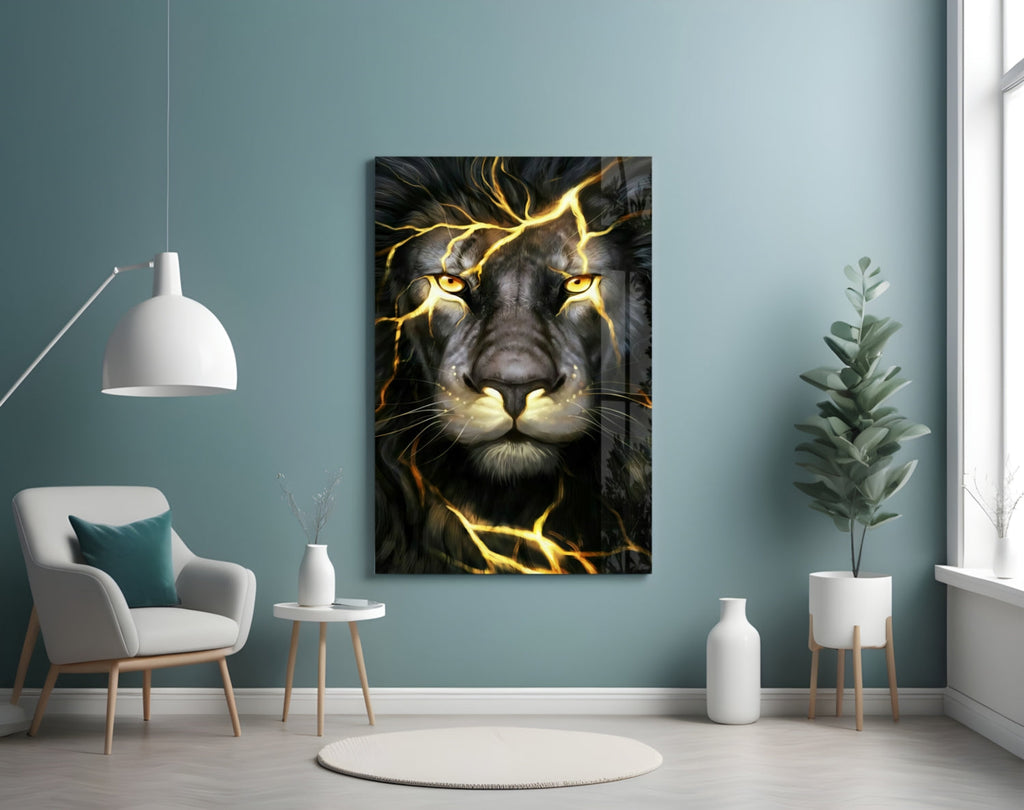 Golden Lightning Electric Lion Glass Wall Art