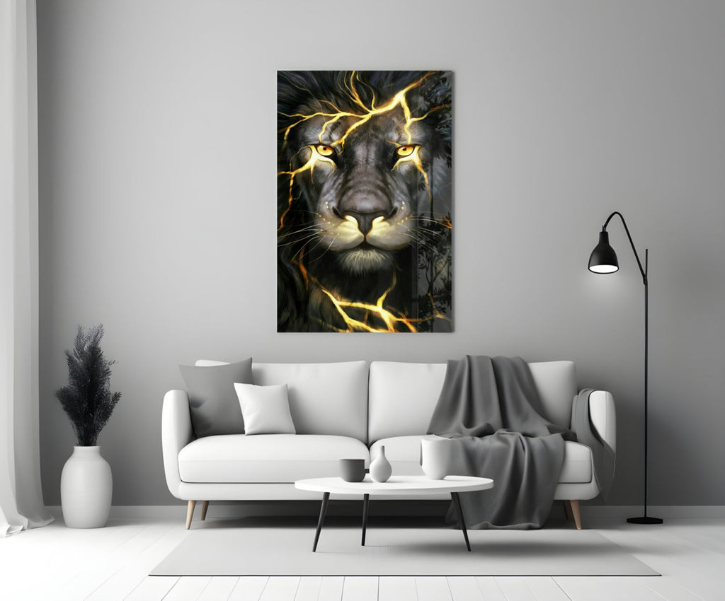 Golden Lightning Electric Lion Glass Wall Art