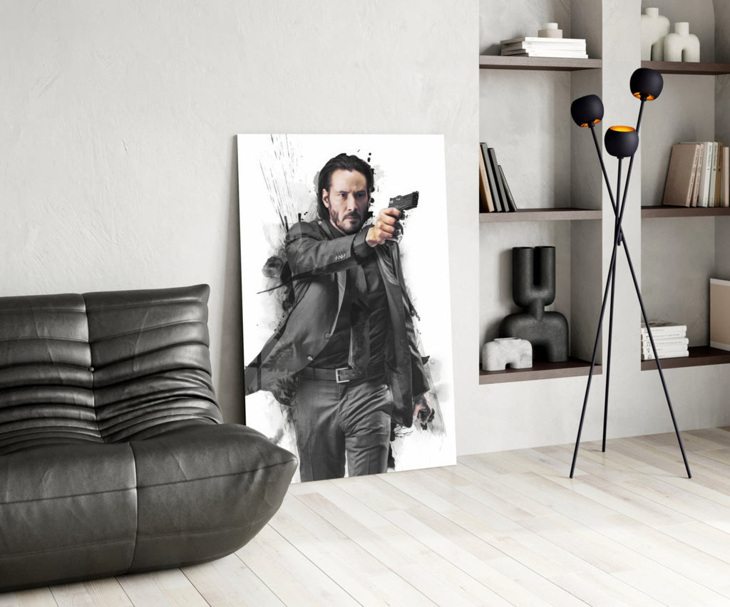 Suited Gunman Ink Splash Gray Glass Wall Art