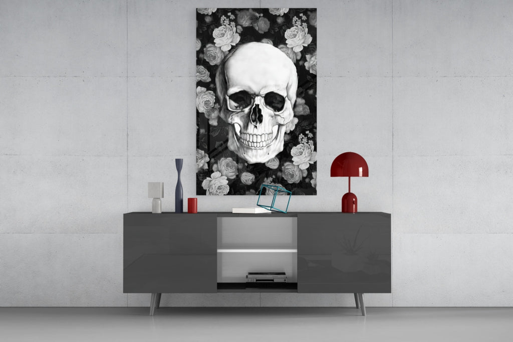 Monochrome Rose Garden Skull Glass Wall Art