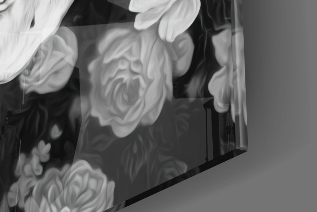 Monochrome Rose Garden Skull Glass Wall Art