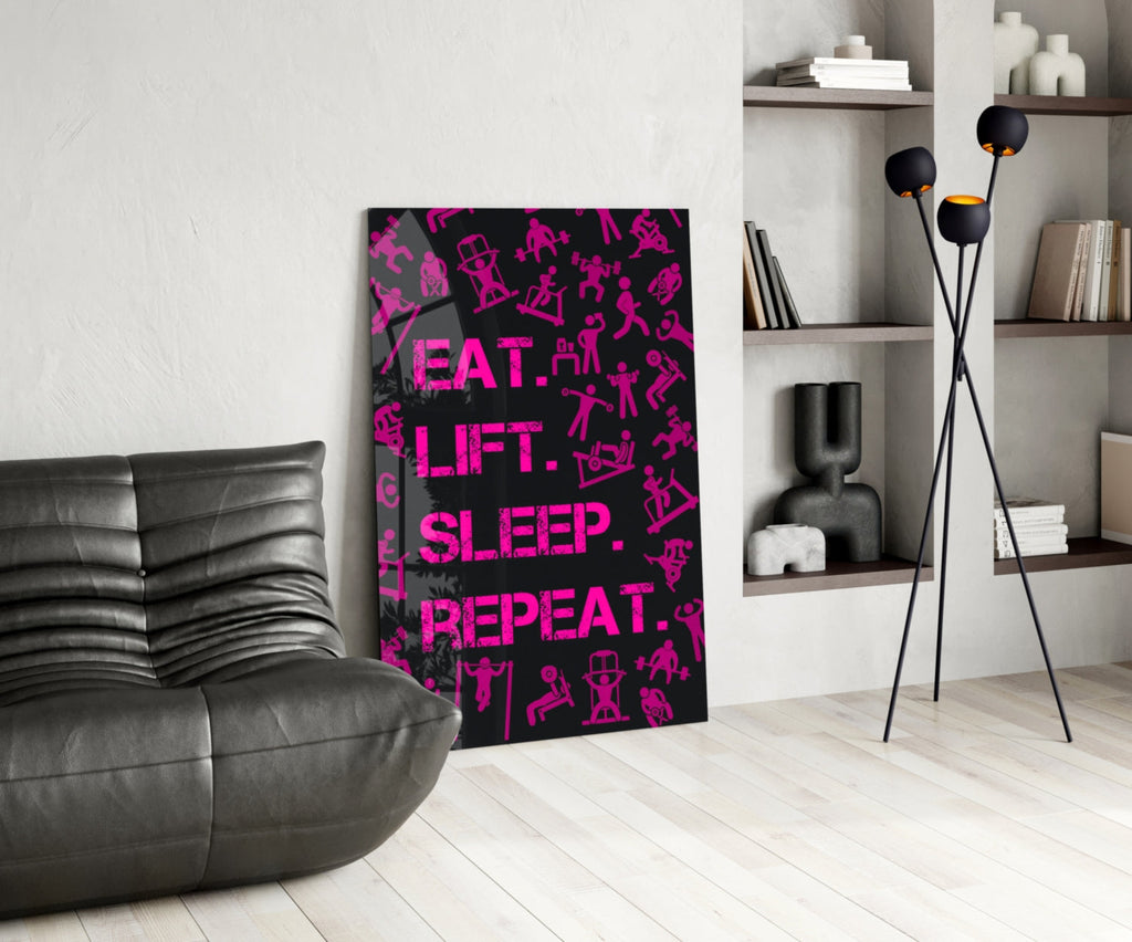 Hot Pink Workout Pictograms Motivation Glass Wall Art