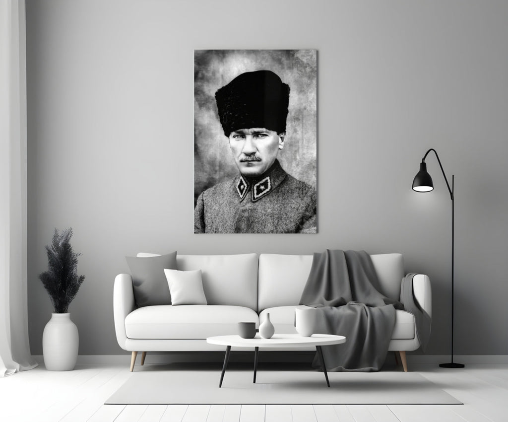 Ataturk Monochrome Uniform Bust Glass Wall Art