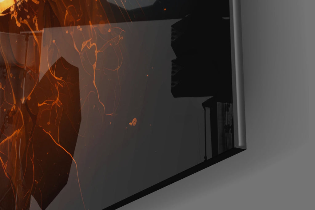 Fiery Cracked Bitcoin Blast Glass Wall Art