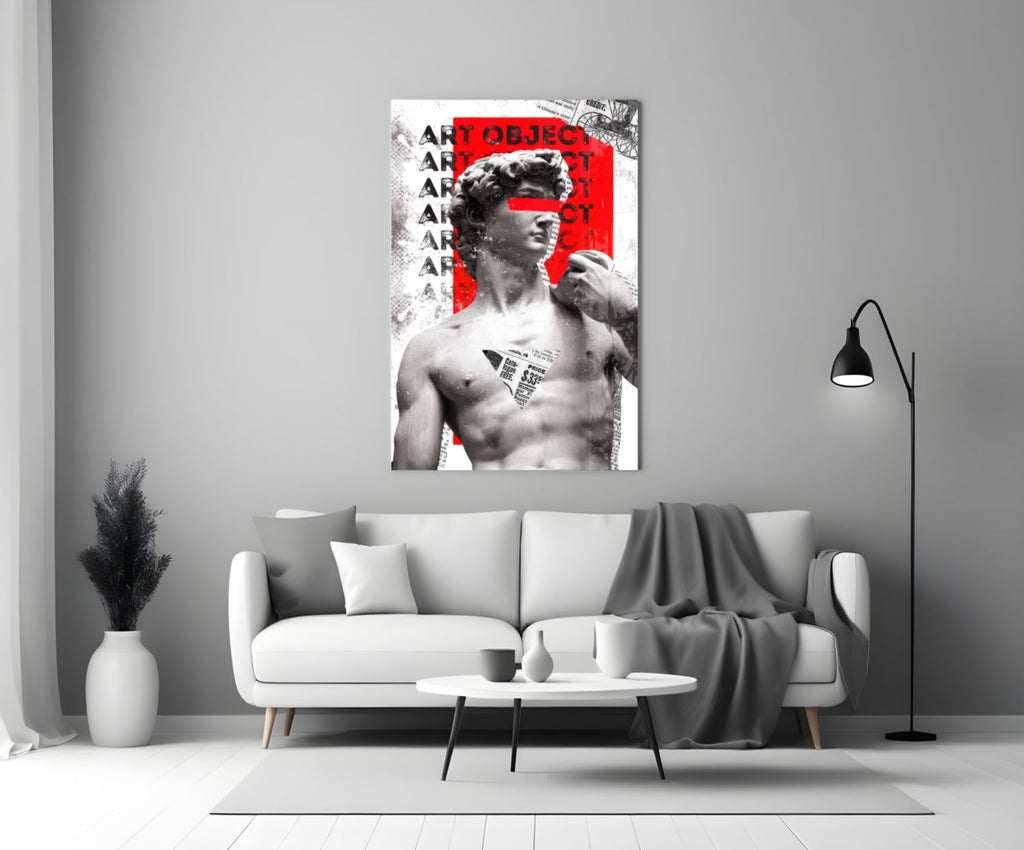 Marble Statue Collage Red Block Glass Wall Art
