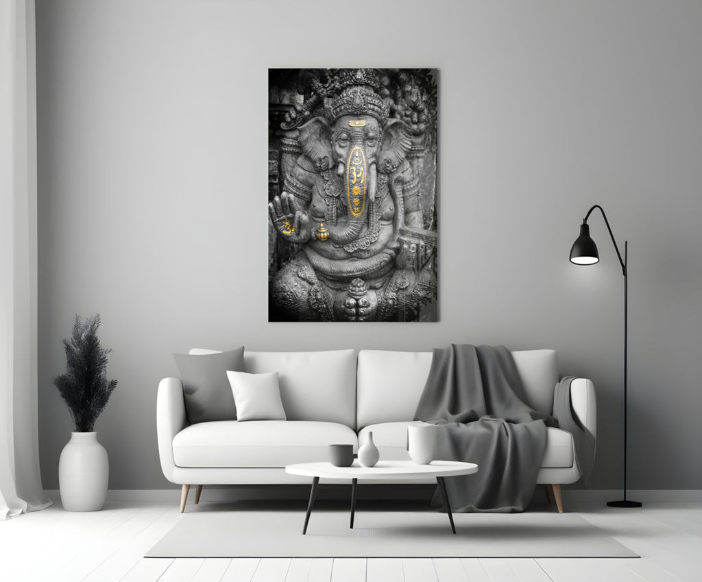 Gold Accented Stone Statue Ganesha Glass Wall Art