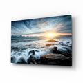 Sunrays Rocky Coast Waves Glass Wall Art