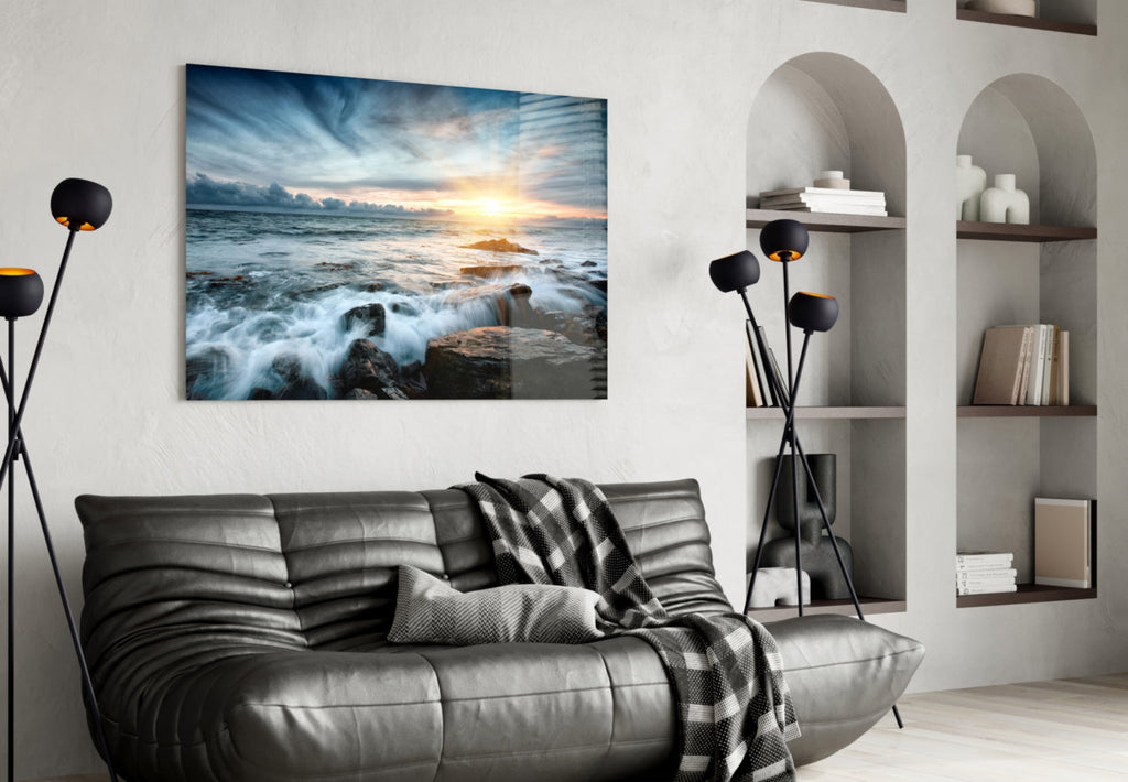 Sunrays Rocky Coast Waves Glass Wall Art