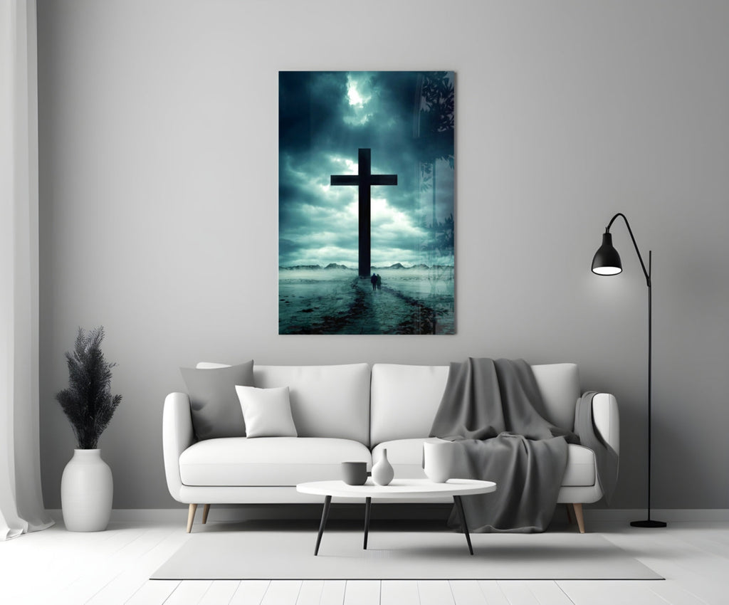 Stormy Desert Silhouette Cross Glass Wall Art
