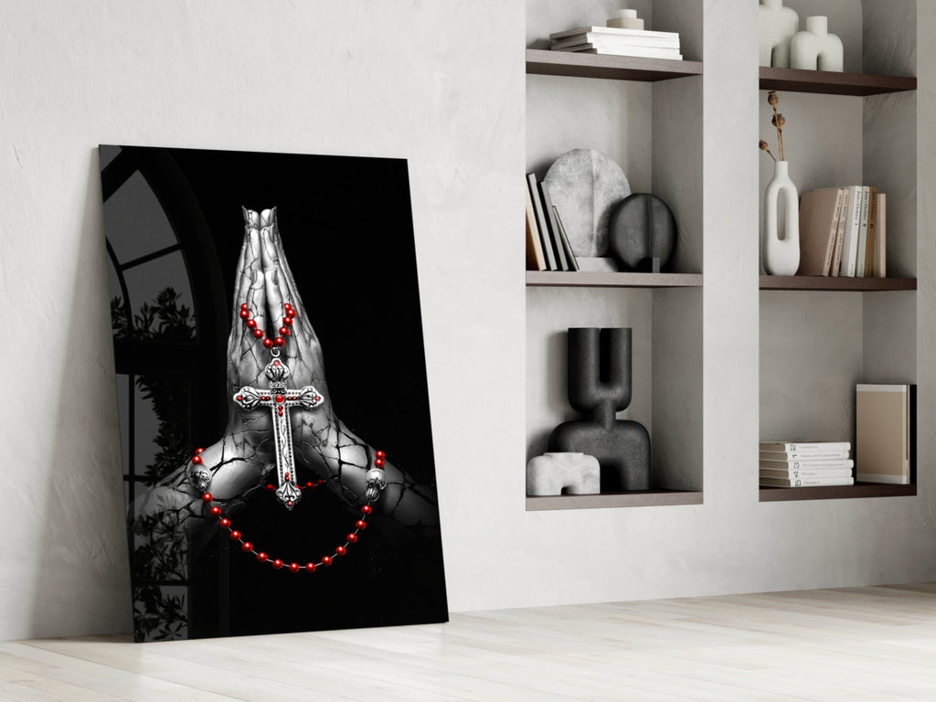 Praying Hands Red Rosary Cross Glass Wall Art