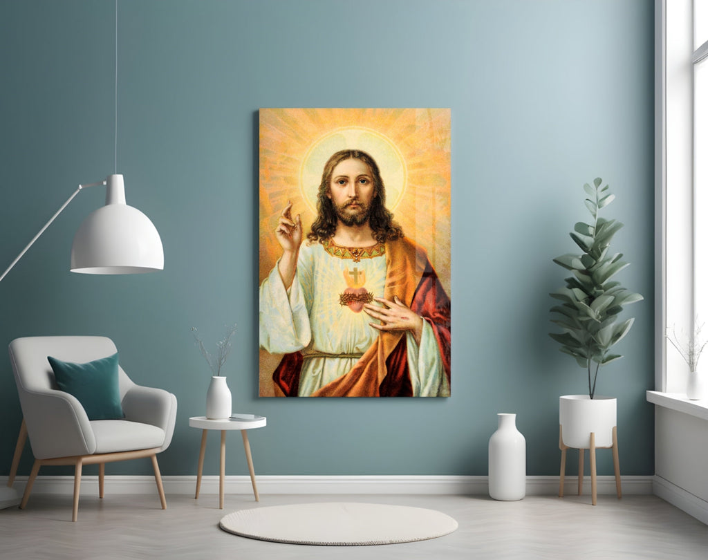 Vintage Sacred Heart Halo Jesus Glass Wall Art