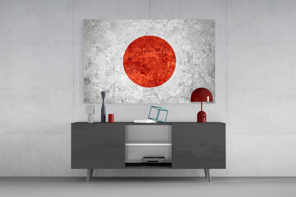 Gray Marble Red Sun Circle Japan Flag Glass Wall Art