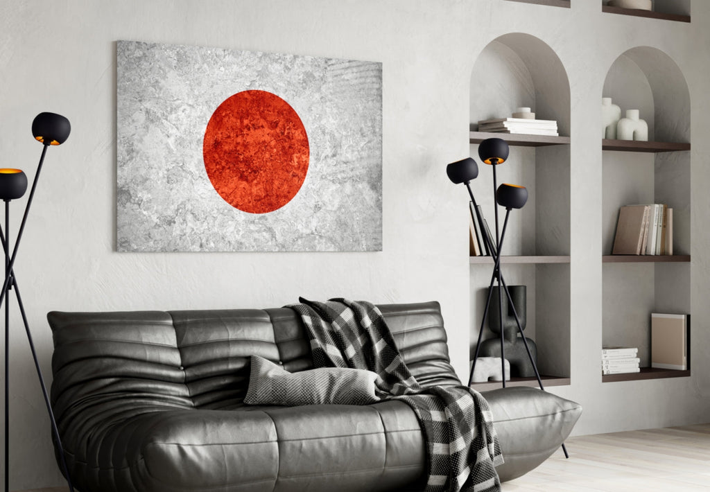 Gray Marble Red Sun Circle Japan Flag Glass Wall Art