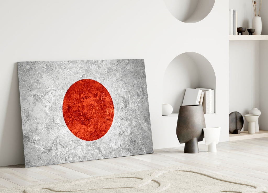 Gray Marble Red Sun Circle Japan Flag Glass Wall Art