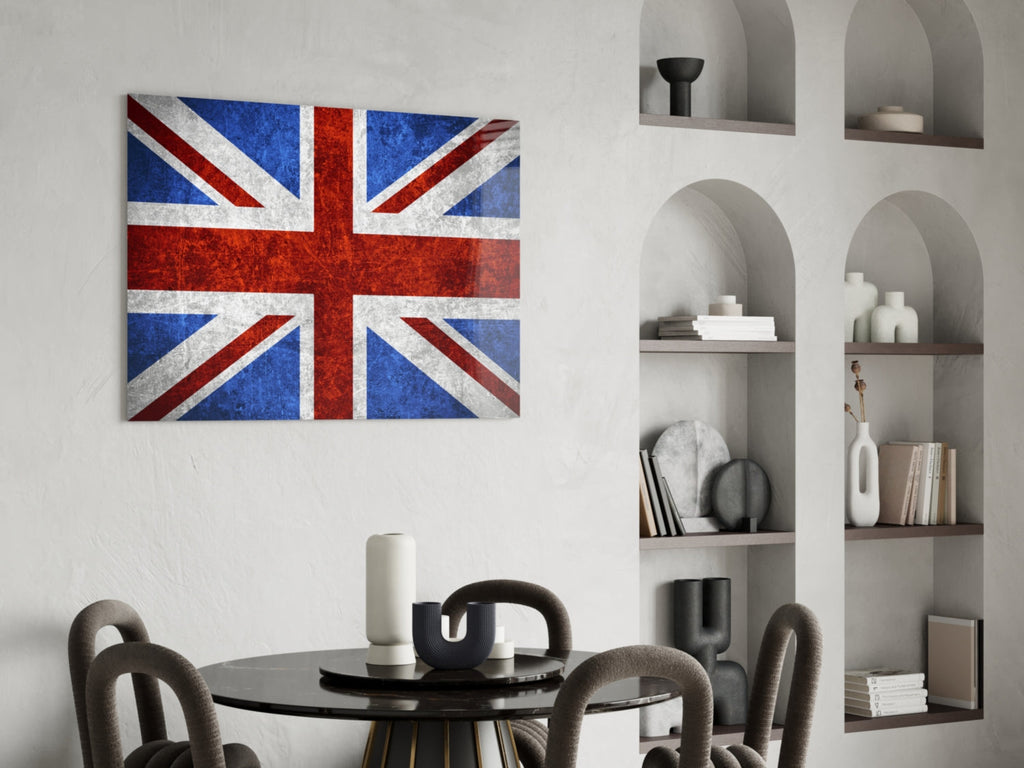 Chalky Crimson And Royal Blue Union Jack Glass Wall Art