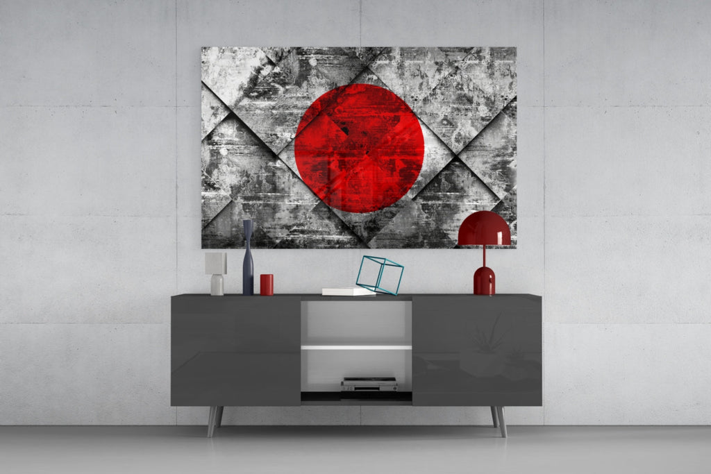 Diamond Concrete Red Sun Japan Flag Glass Wall Art