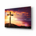 Golden Sunset Hilltop Cross Glass Wall Art