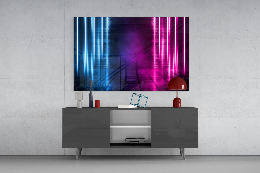 Blue Pink Neon Light Beams Glass Wall Art